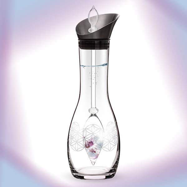 Glaskaraffe Edelsteine Blume des Lebens Flower of Life Aquamarin Amethyst Bergkristall