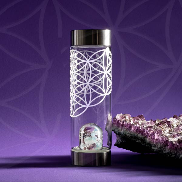 ViA Glass bottle with flower of life aquamarine amethyst clear quartz